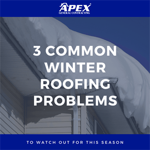 Illustration of roof covered in snow with text "3 common winter roofing problems"